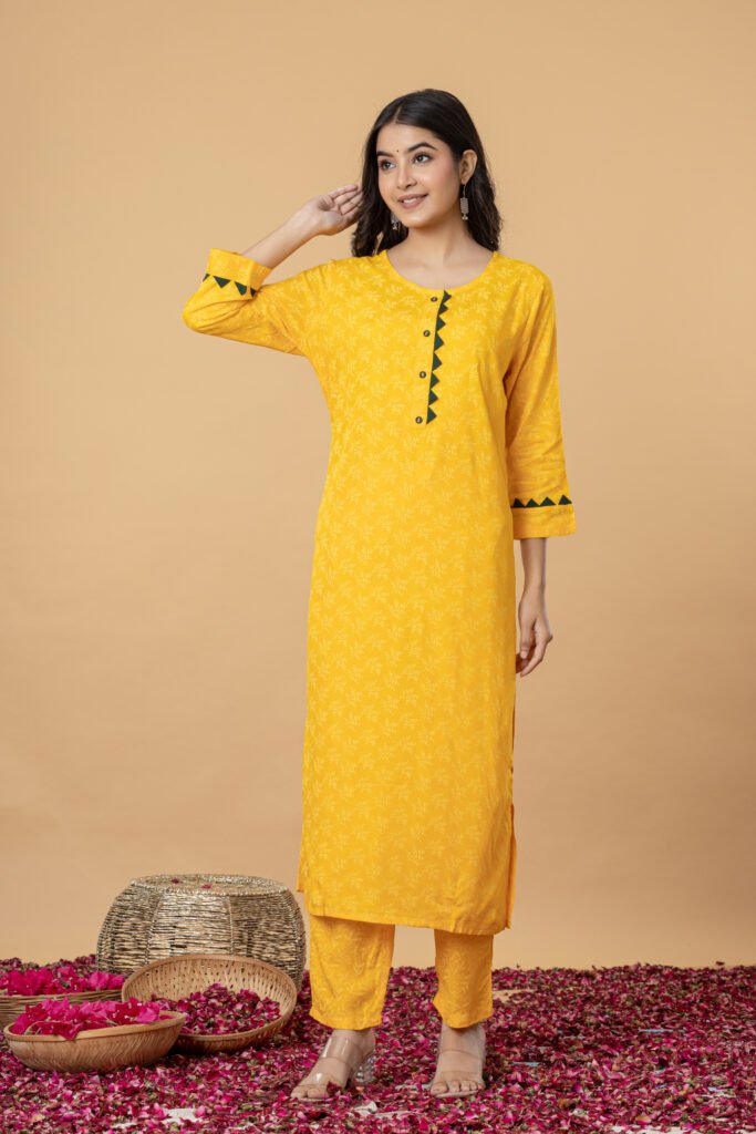 Yellow Printed Cotton Kurta Pant Dupatta Set