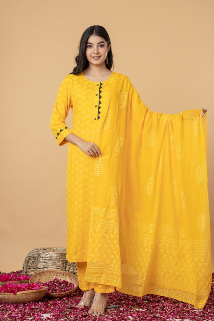 Yellow Printed Cotton Kurta Pant Dupatta Set
