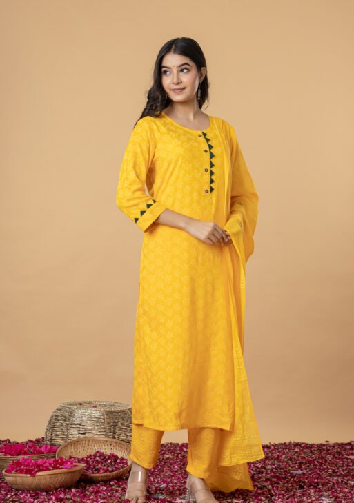 Yellow Printed Cotton Kurta Pant Dupatta Set