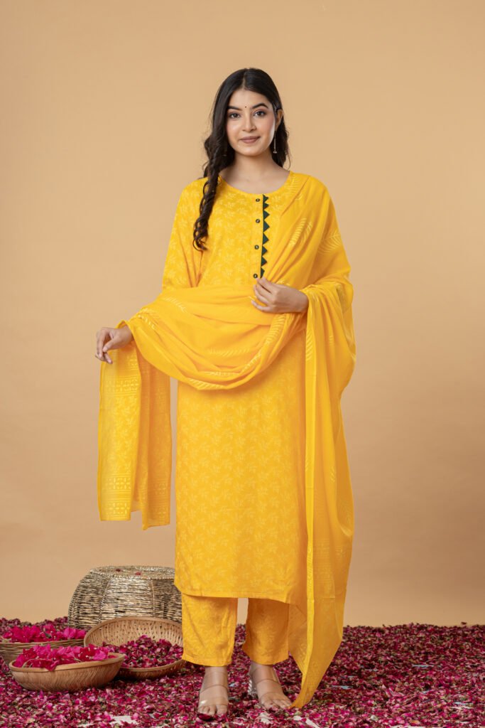 Yellow Printed Cotton Kurta Pant Dupatta Set