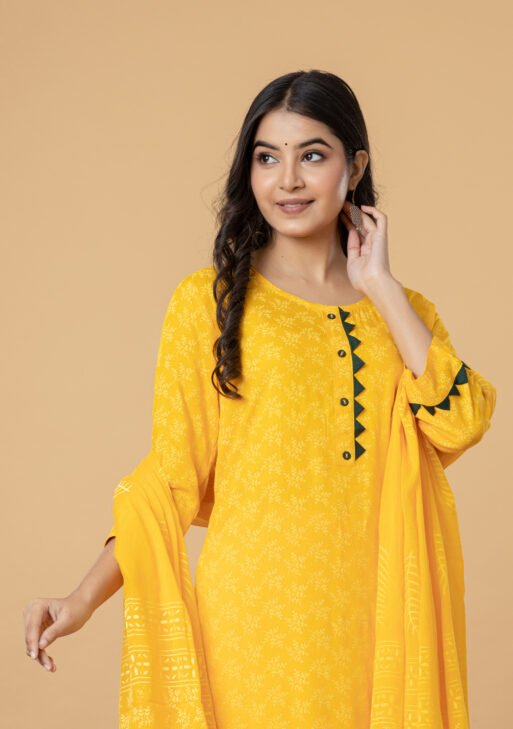 Yellow Printed Cotton Kurta Pant Dupatta Set