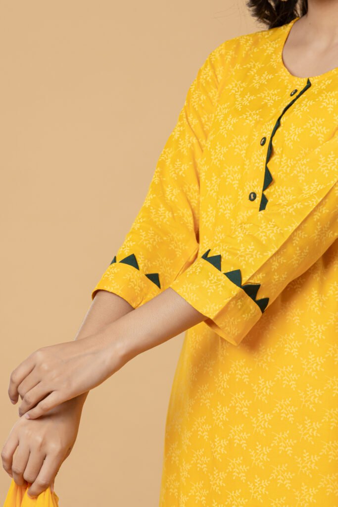 Yellow Printed Cotton Kurta Pant Dupatta Set