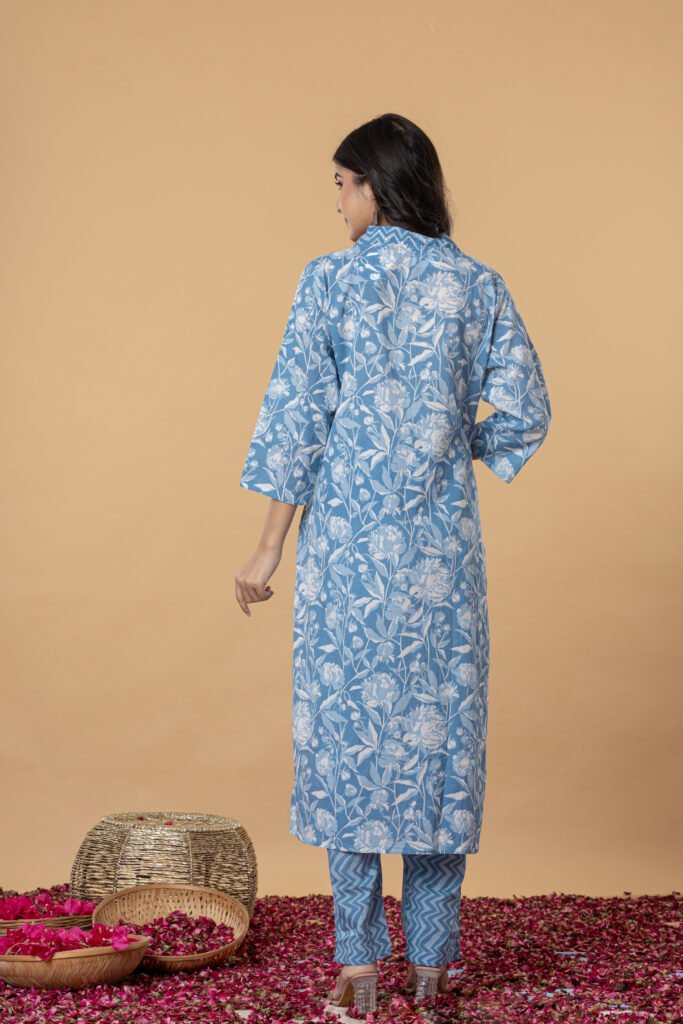 Blue & White Floral Printed Cotton Kurta Pant Dupatta Set