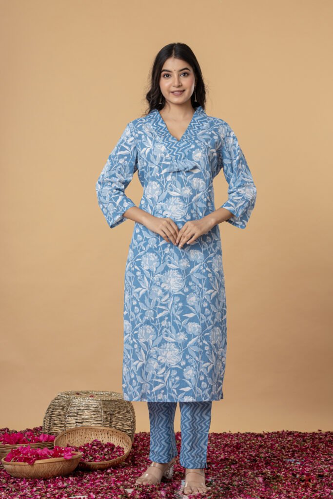 Blue & White Floral Printed Cotton Kurta Pant Dupatta Set