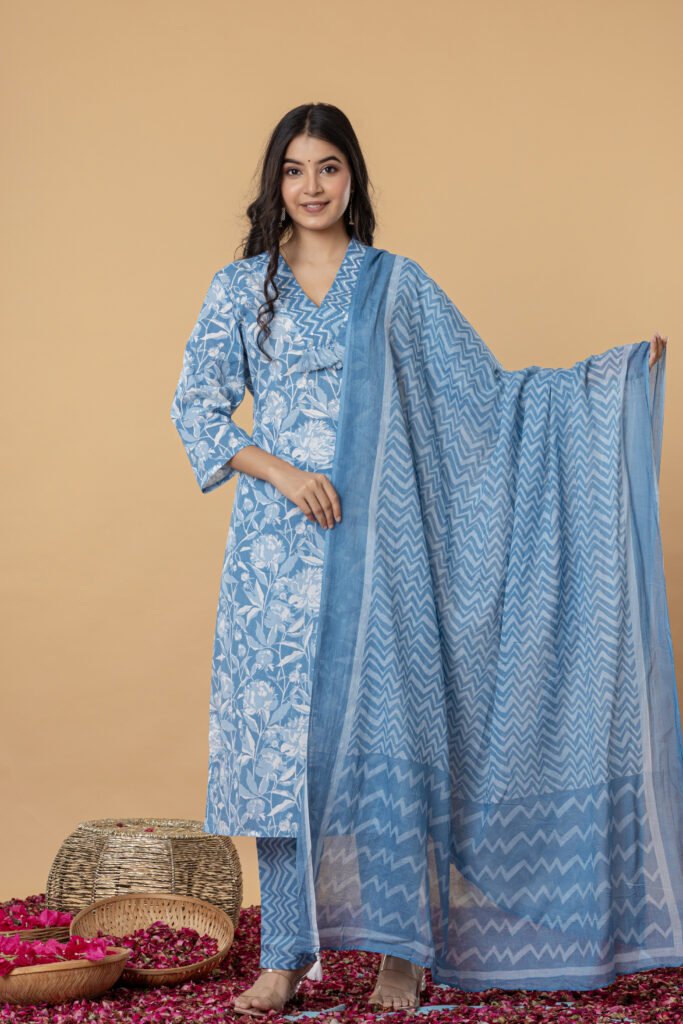 Blue & White Floral Printed Cotton Kurta Pant Dupatta Set