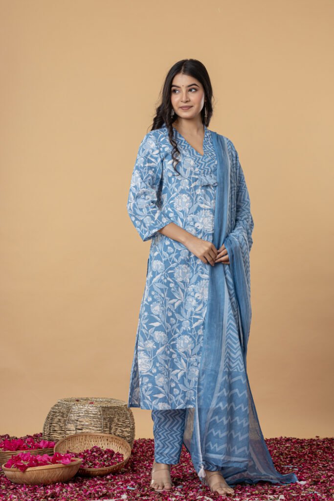 Blue & White Floral Printed Cotton Kurta Pant Dupatta Set
