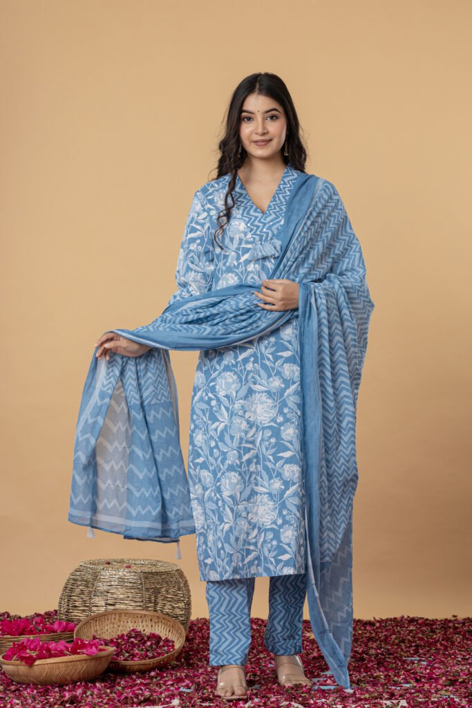 Blue & White Floral Printed Cotton Kurta Pant Dupatta Set