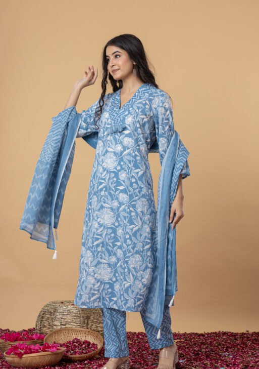 Blue & White Floral Printed Cotton Kurta Pant Dupatta Set