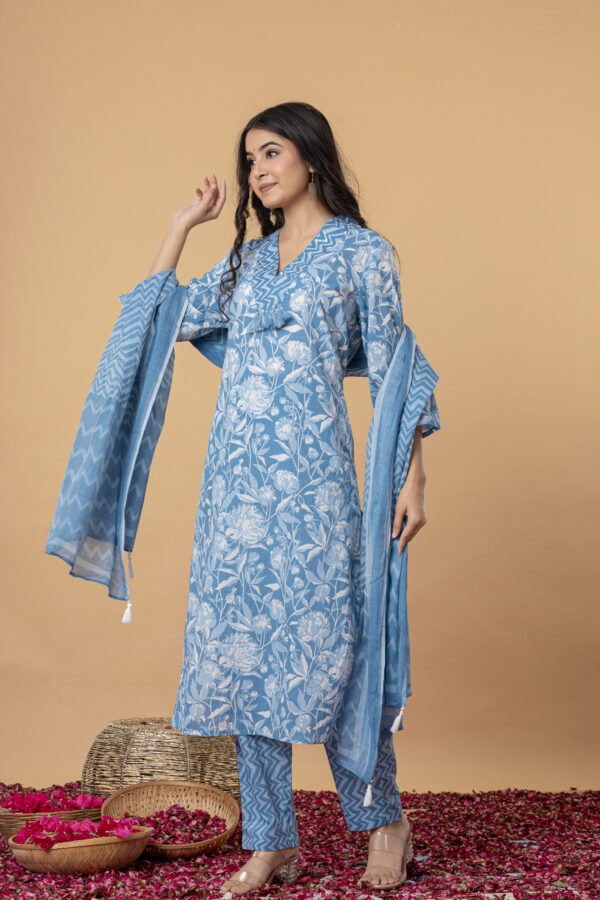 Blue & White Floral Printed Cotton Kurta Pant Dupatta Set