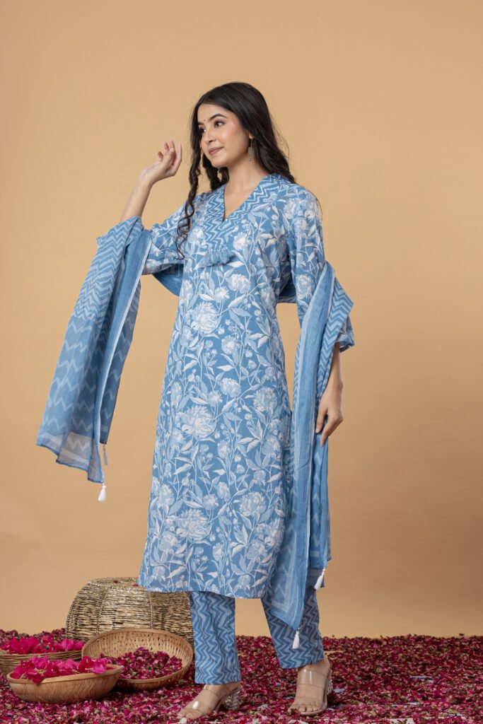 Blue & White Floral Printed Cotton Kurta Pant Dupatta Set