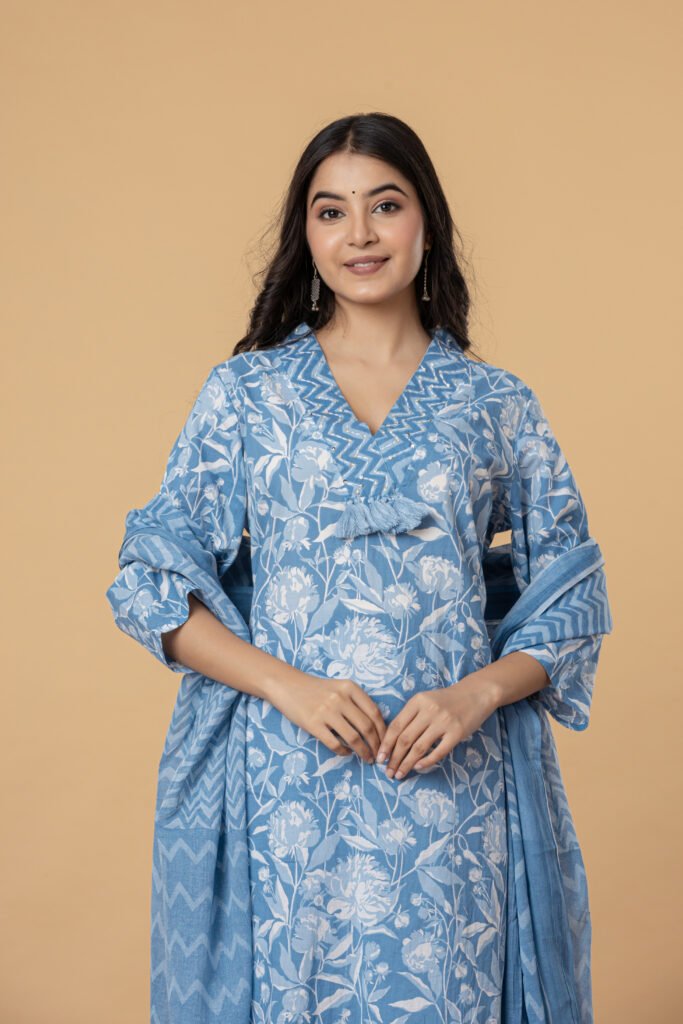 Blue & White Floral Printed Cotton Kurta Pant Dupatta Set