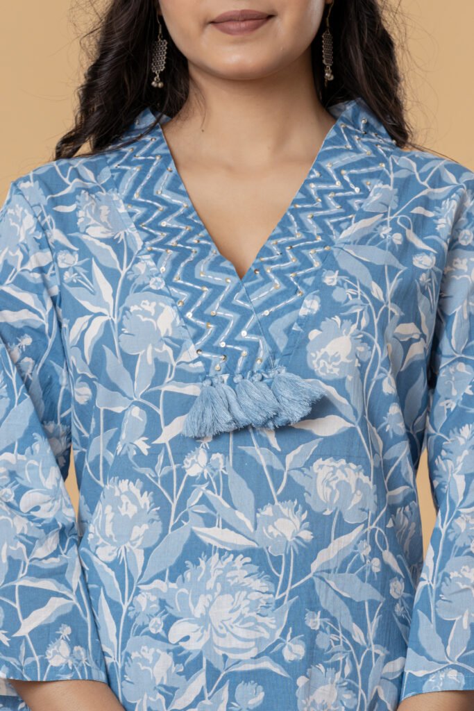 Blue & White Floral Printed Cotton Kurta Pant Dupatta Set