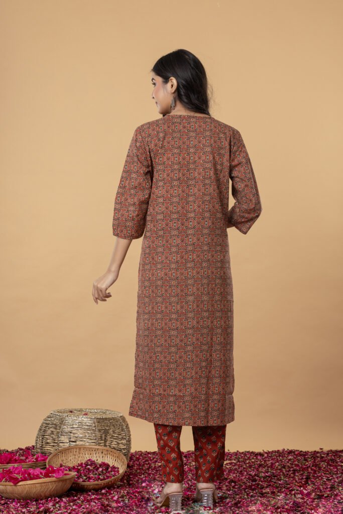 Rust Brown Geometric Print Cotton Kurta Pant Dupatta Set