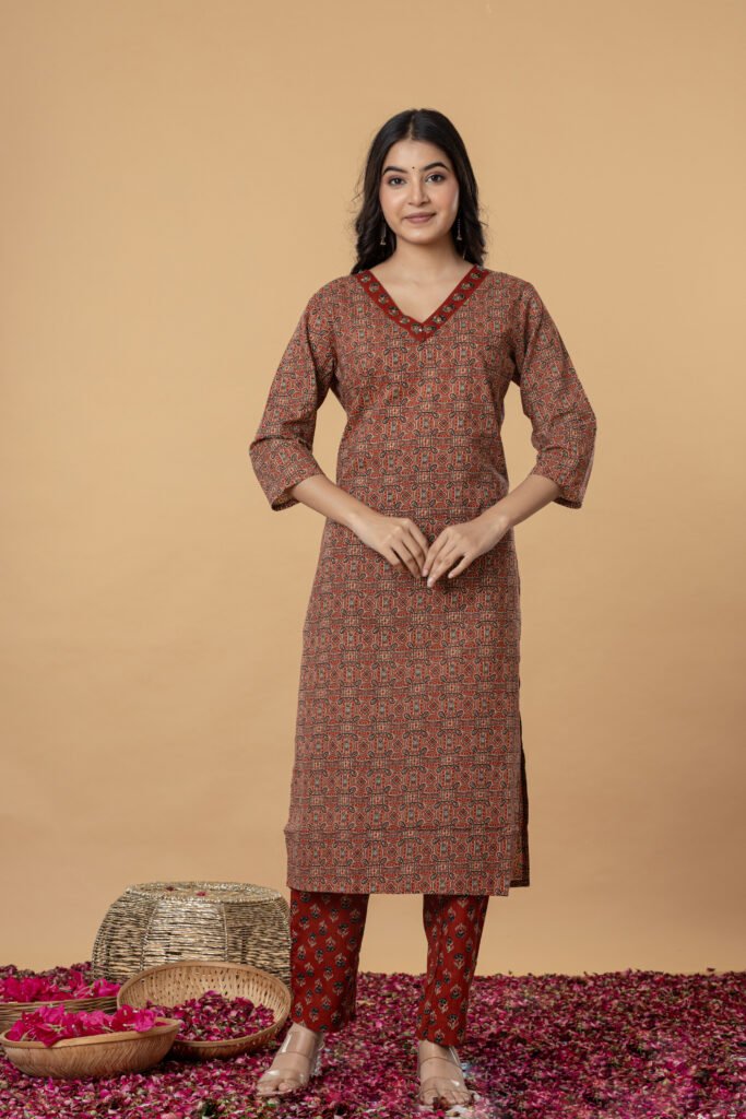 Rust Brown Geometric Print Cotton Kurta Pant Dupatta Set