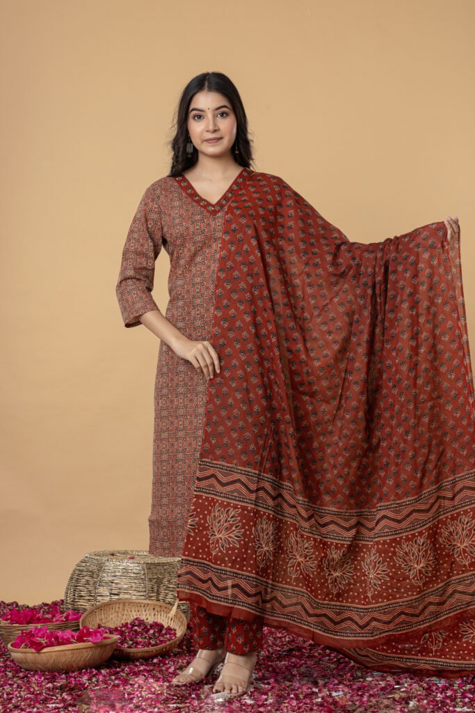 Rust Brown Geometric Print Cotton Kurta Pant Dupatta Set