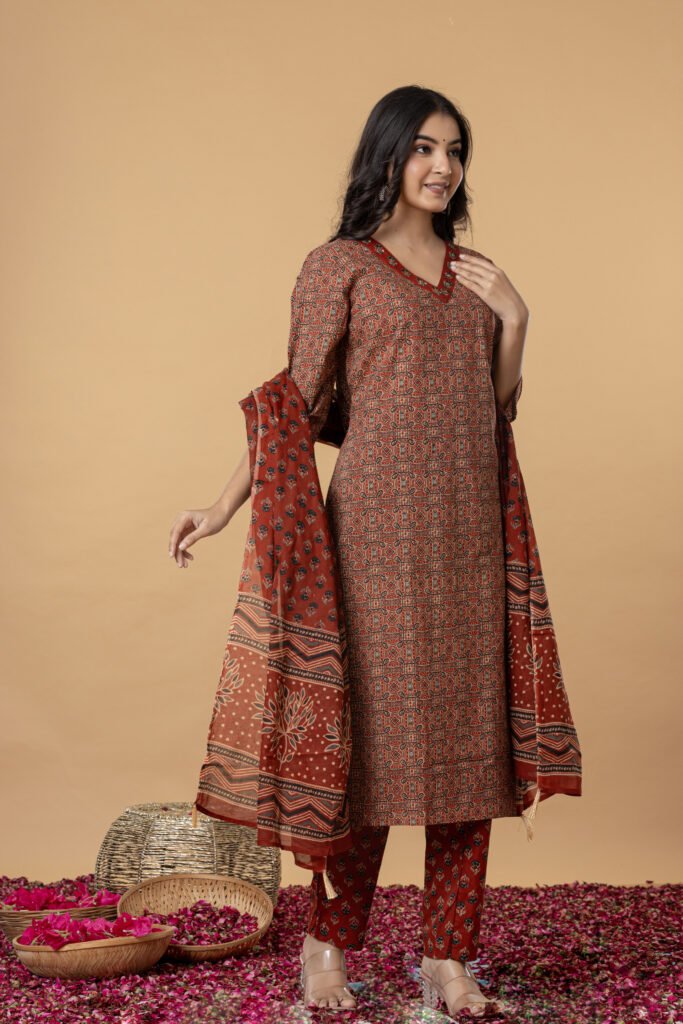 Rust Brown Geometric Print Cotton Kurta Pant Dupatta Set