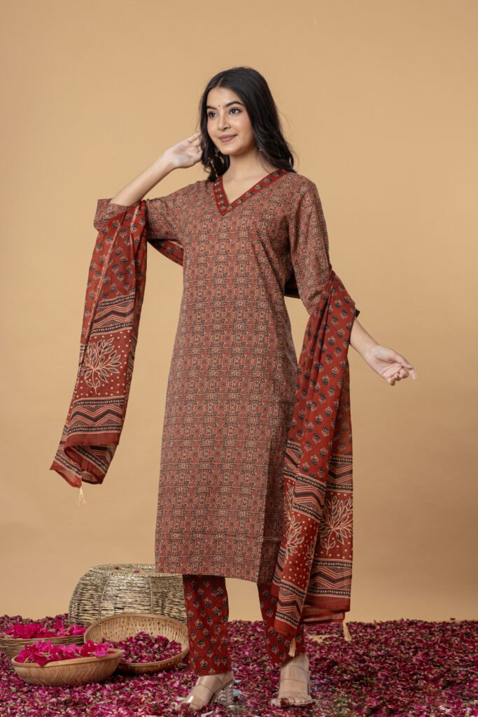 Rust Brown Geometric Print Cotton Kurta Pant Dupatta Set