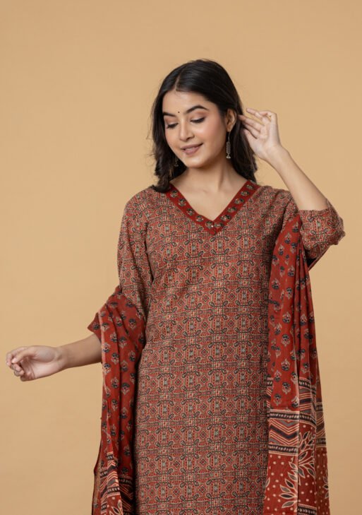 Rust Brown Geometric Print Cotton Kurta Pant Dupatta Set