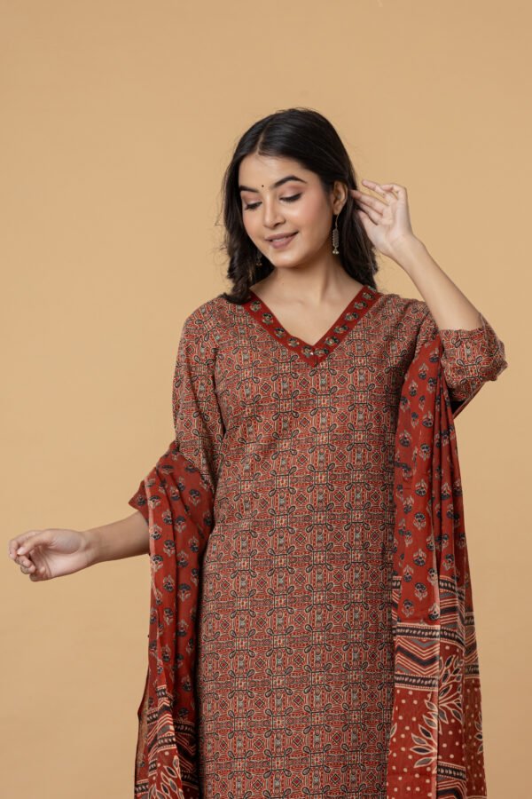 Rust Brown Geometric Print Cotton Kurta Pant Dupatta Set