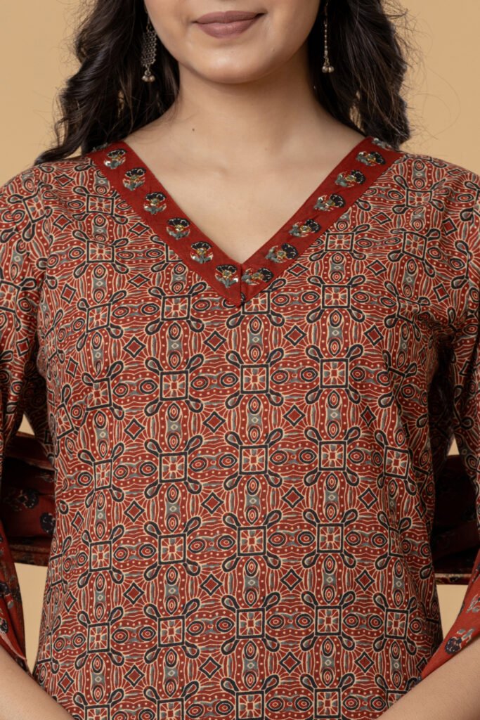 Rust Brown Geometric Print Cotton Kurta Pant Dupatta Set