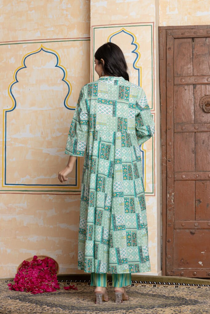 Aqua Green Patchwork Print Flared Anarkali Cotton Kurta Pant Dupatta Set