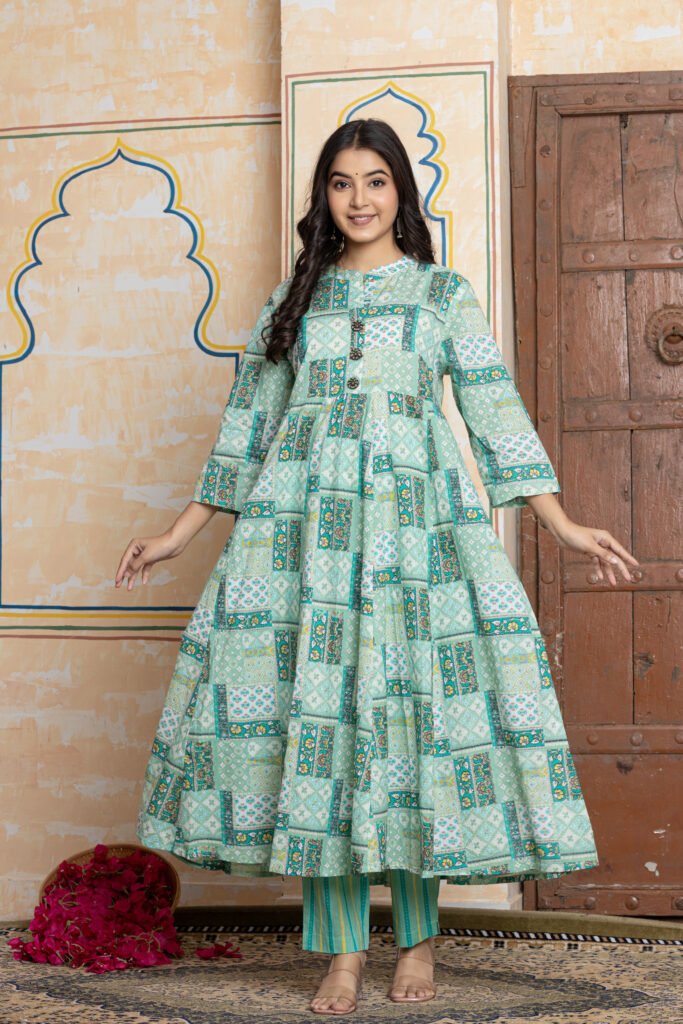 Aqua Green Patchwork Print Flared Anarkali Cotton Kurta Pant Dupatta Set
