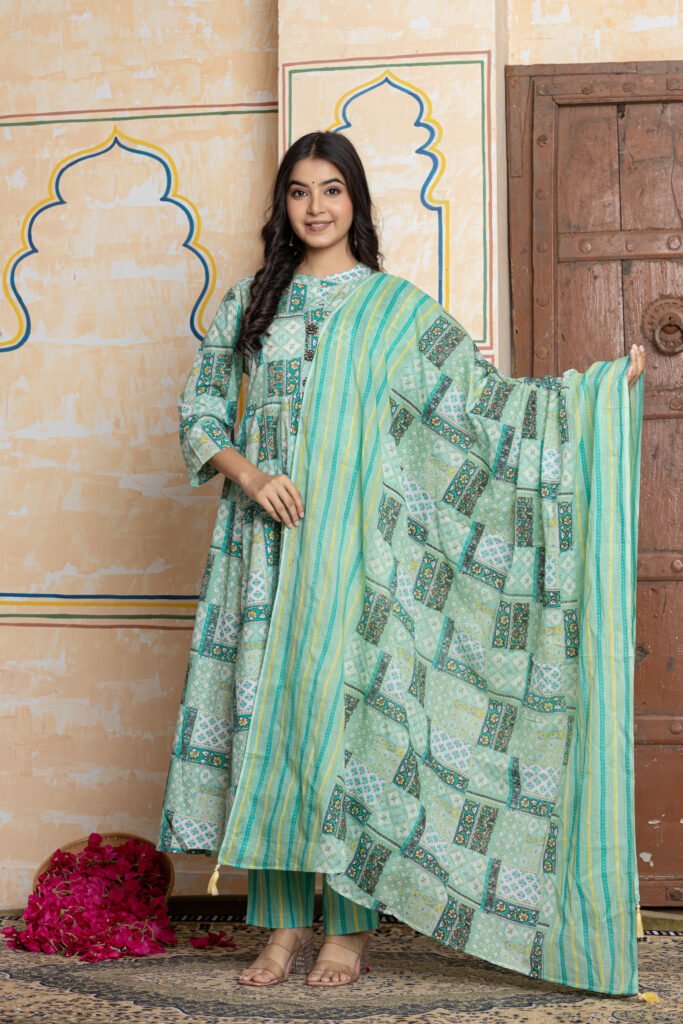 Aqua Green Patchwork Print Flared Anarkali Cotton Kurta Pant Dupatta Set