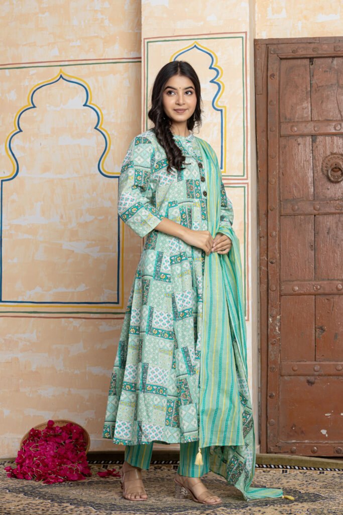 Aqua Green Patchwork Print Flared Anarkali Cotton Kurta Pant Dupatta Set
