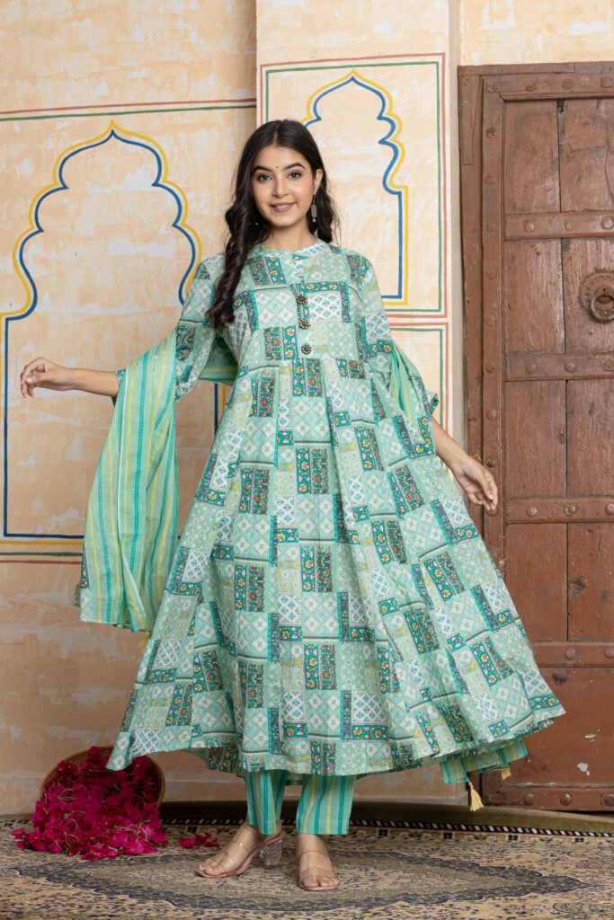 Aqua Green Patchwork Print Flared Anarkali Cotton Kurta Pant Dupatta Set