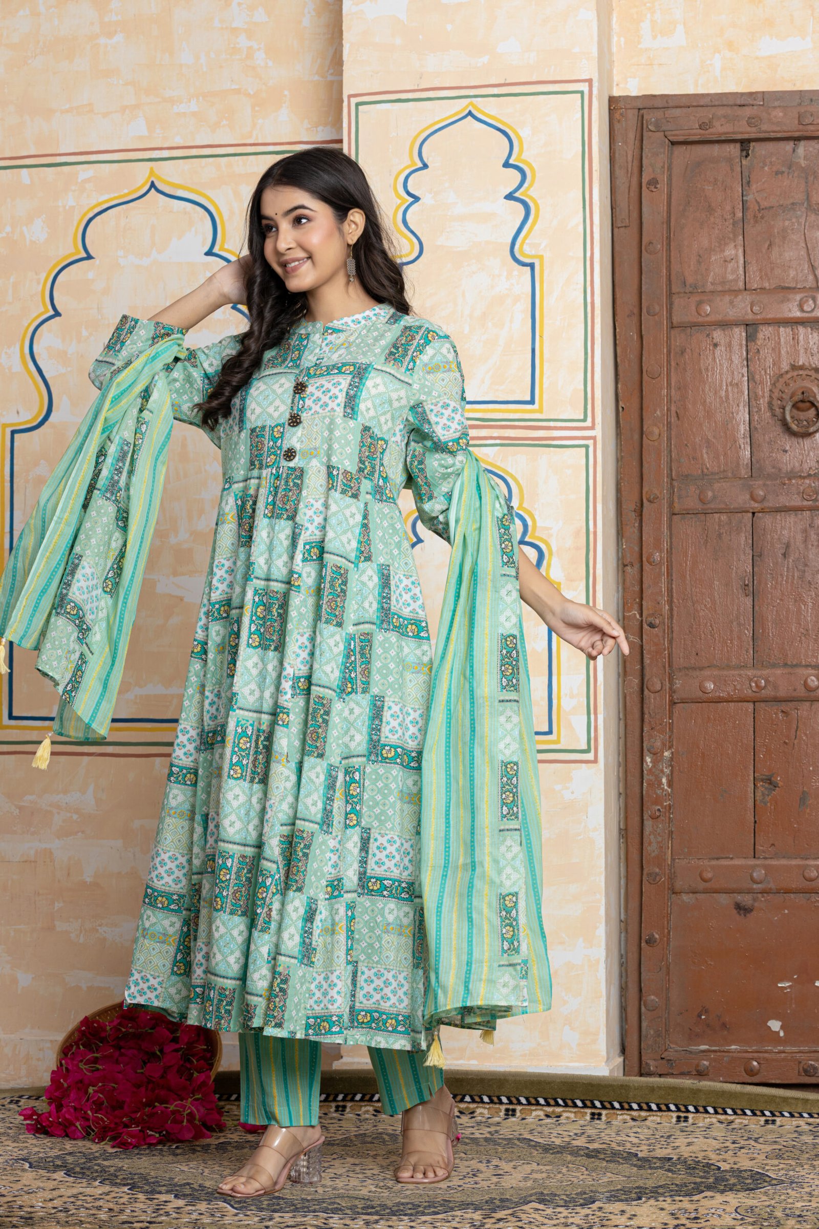 Aqua Green Patchwork Print Flared Anarkali Cotton Kurta Pant Dupatta Set