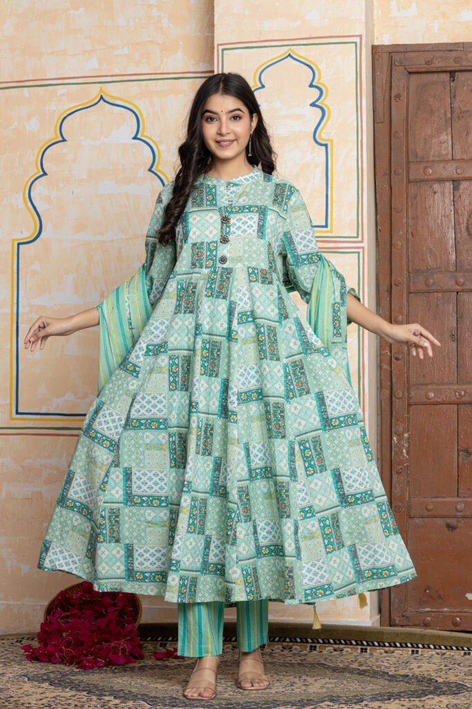 Aqua Green Patchwork Print Flared Anarkali Cotton Kurta Pant Dupatta Set