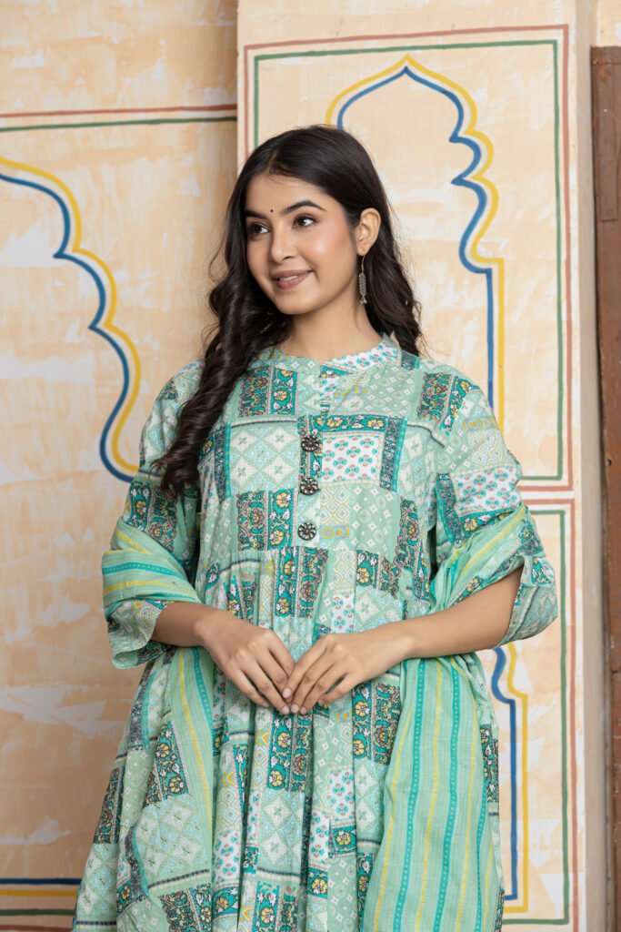 Aqua Green Patchwork Print Flared Anarkali Cotton Kurta Pant Dupatta Set