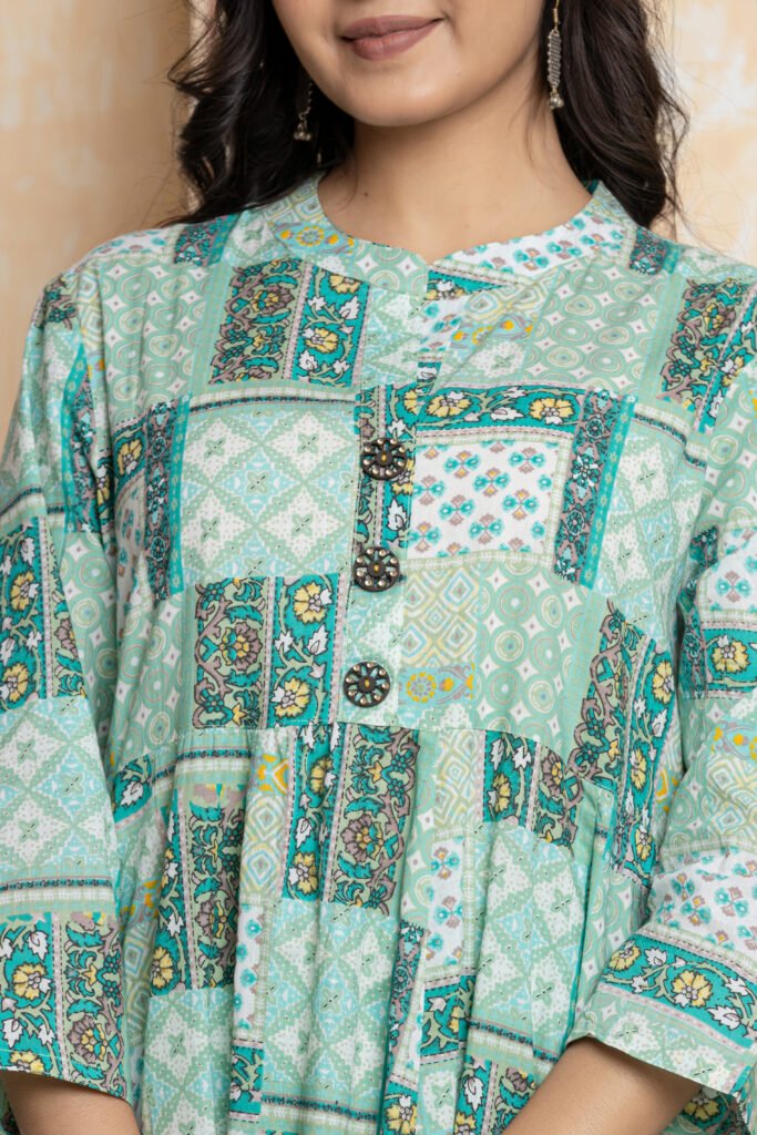 Aqua Green Patchwork Print Flared Anarkali Cotton Kurta Pant Dupatta Set
