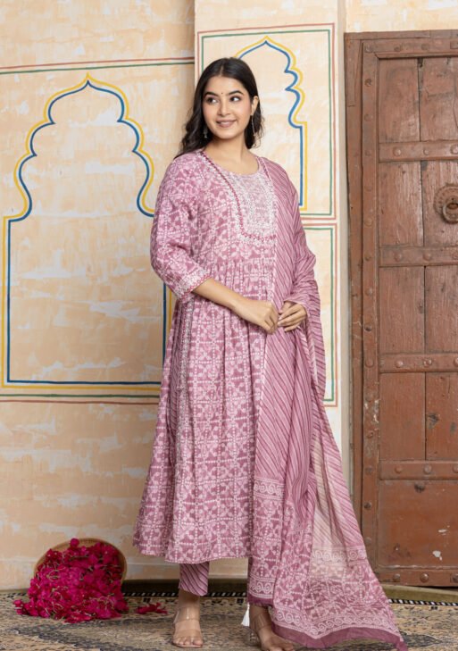 Pink Bandhani Print Anarkali Kurta Pant Dupatta Set