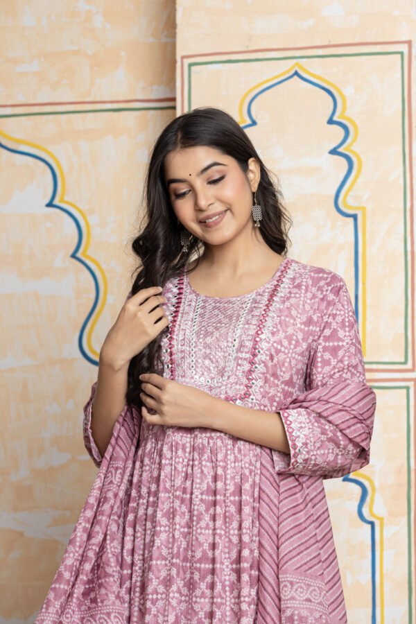 Pink Bandhani Print Anarkali Kurta Pant Dupatta Set