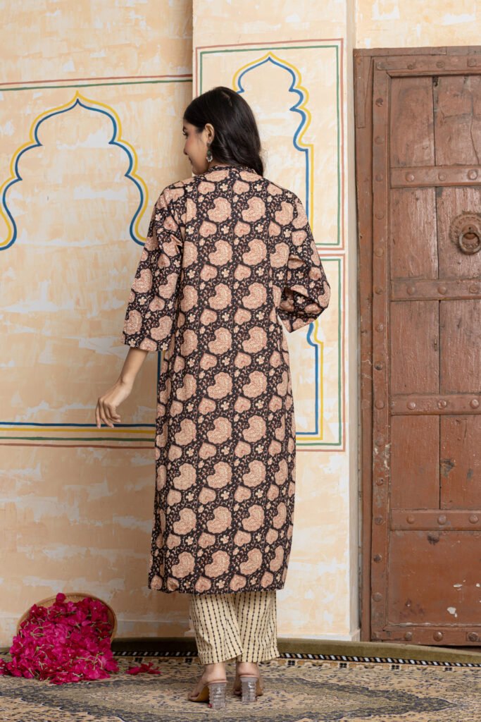 Black & Beige Ajrakh Printed Cotton Kurta Pant Dupatta Set