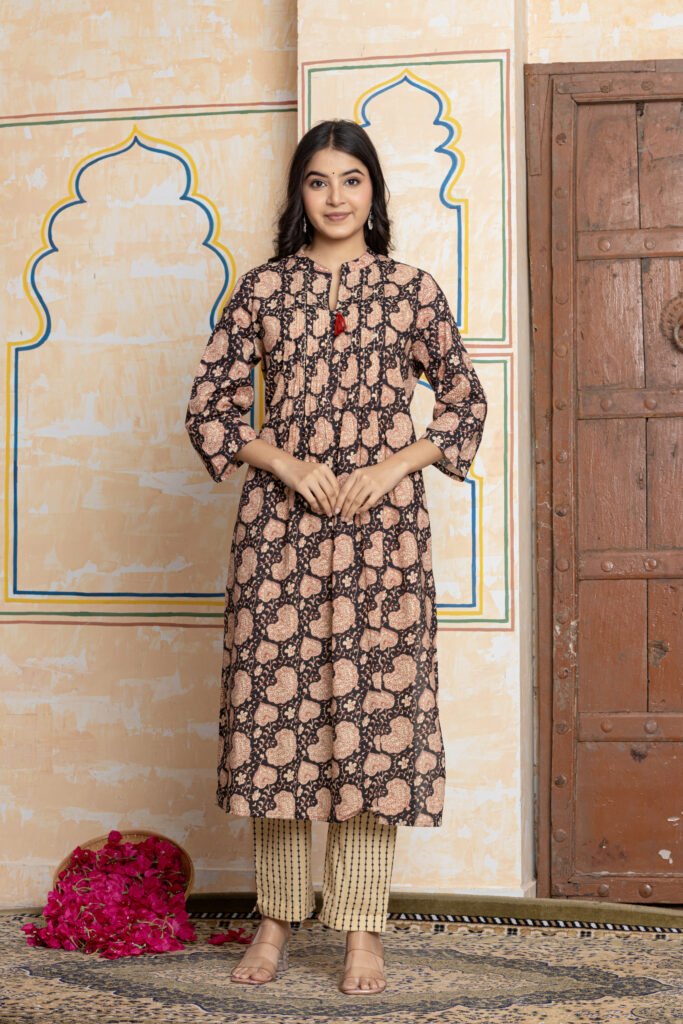 Black & Beige Ajrakh Printed Cotton Kurta Pant Dupatta Set