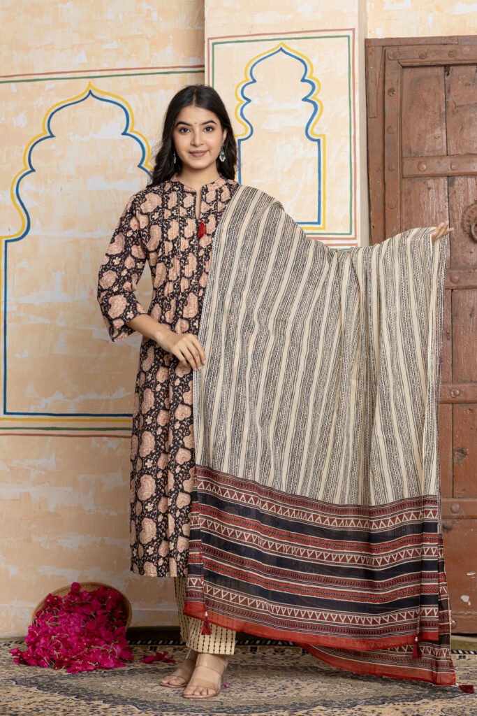 Black & Beige Ajrakh Printed Cotton Kurta Pant Dupatta Set
