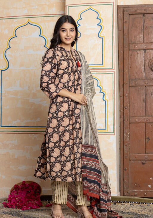 Black & Beige Ajrakh Printed Cotton Kurta Pant Dupatta Set