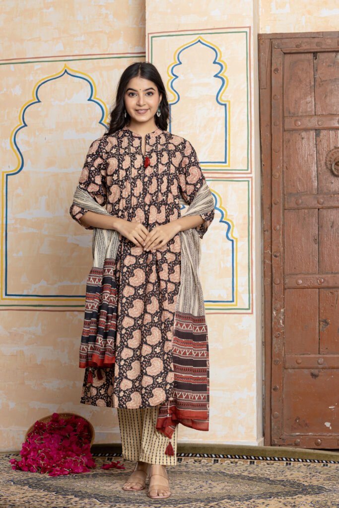 Black & Beige Ajrakh Printed Cotton Kurta Pant Dupatta Set