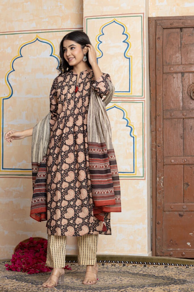 Black & Beige Ajrakh Printed Cotton Kurta Pant Dupatta Set