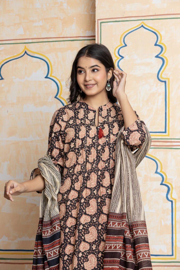 Black & Beige Ajrakh Printed Cotton Kurta Pant Dupatta Set
