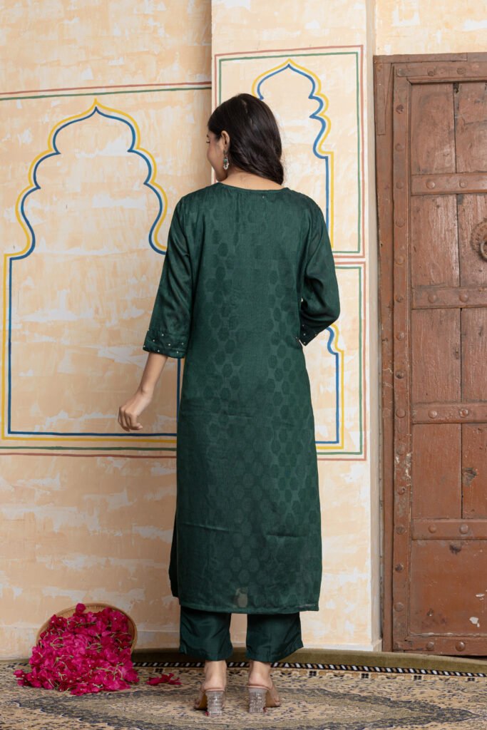 Dark Green Jacquard Embroidered Kurta Pant Dupatta Set