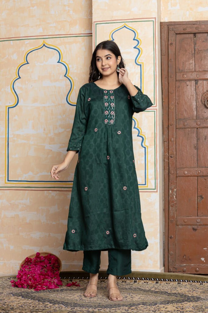 Dark Green Jacquard Embroidered Kurta Pant Dupatta Set
