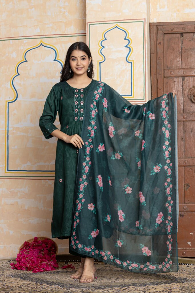 Dark Green Jacquard Embroidered Kurta Pant Dupatta Set