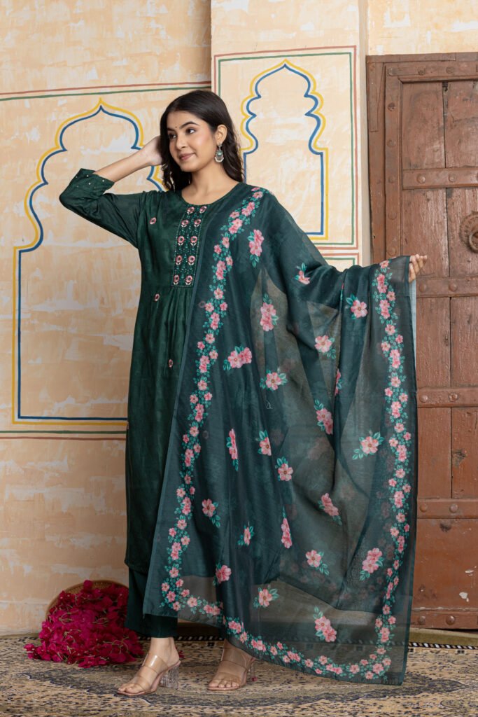 Dark Green Jacquard Embroidered Kurta Pant Dupatta Set