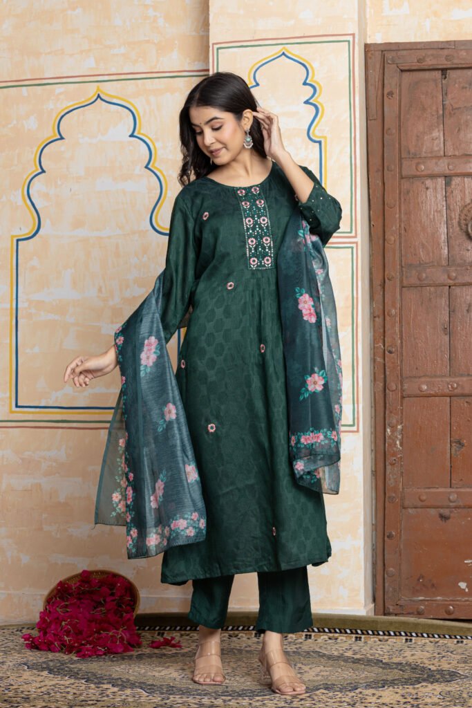 Dark Green Jacquard Embroidered Kurta Pant Dupatta Set