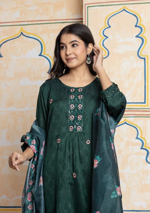 Dark Green Jacquard Embroidered Kurta Pant Dupatta Set