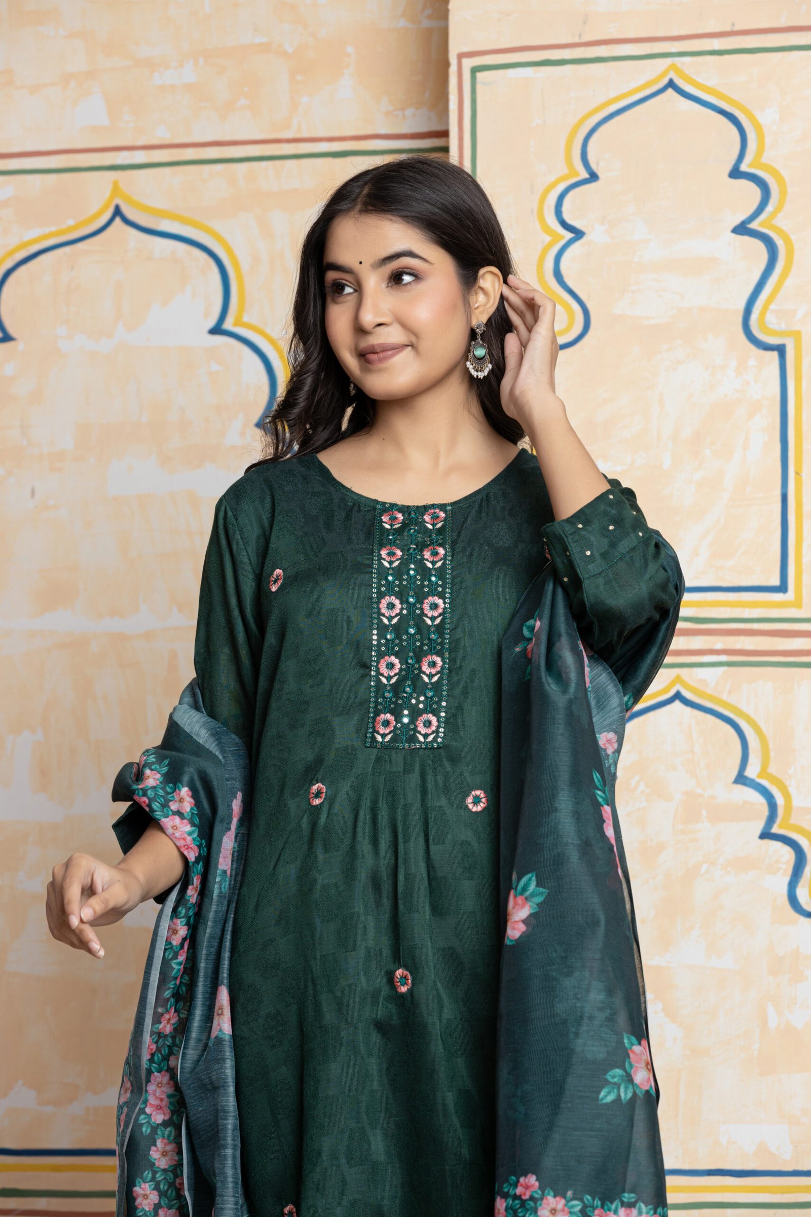 Dark Green Jacquard Embroidered Kurta Pant Dupatta Set