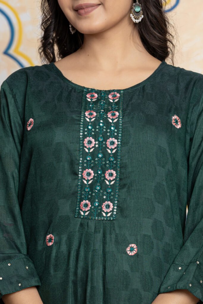 Dark Green Jacquard Embroidered Kurta Pant Dupatta Set